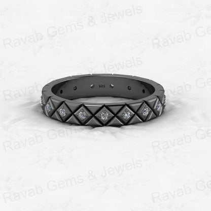 Best Selling 925 Sterling Silver Square Checker Patterned Vermeil Round Cut Brilliant Eternity Band Ring for Fine CZ Jewelry
