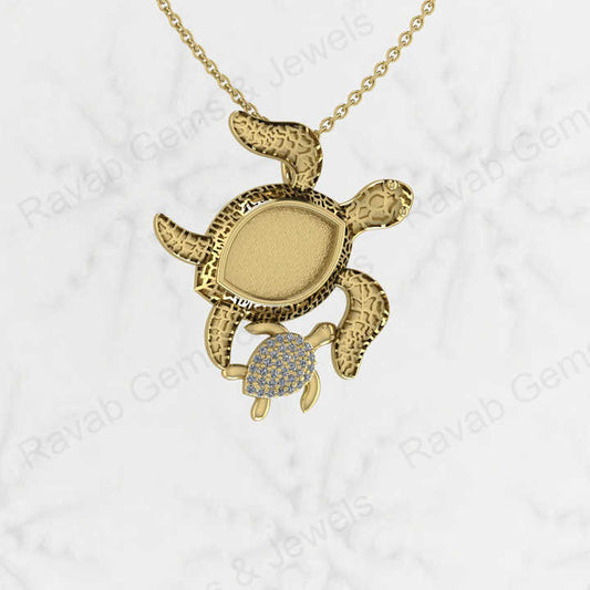 Genuine 925 Silver Mom & Baby Tortoises Marquise Semi Mount CZ Charm Pendant Setting for Ashes & Resin Work Breastmilk Jewelry