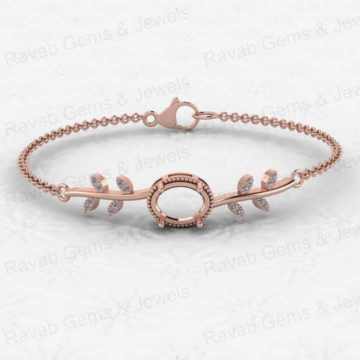 High Quality 925 Silver Semi Mount Bracelet 8x10mm Oval CZ Stone Base With Leaf Design Keepsake Jewelry Blank Setting