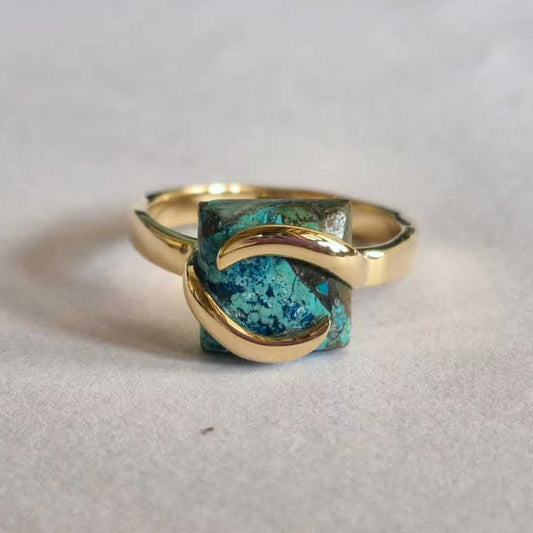 Best Selling 10mm Mohave Chrysocolla Copper 18k Gold Vermeil 925 Silver Eternity Designer Prong Square Ring Women Jewelry