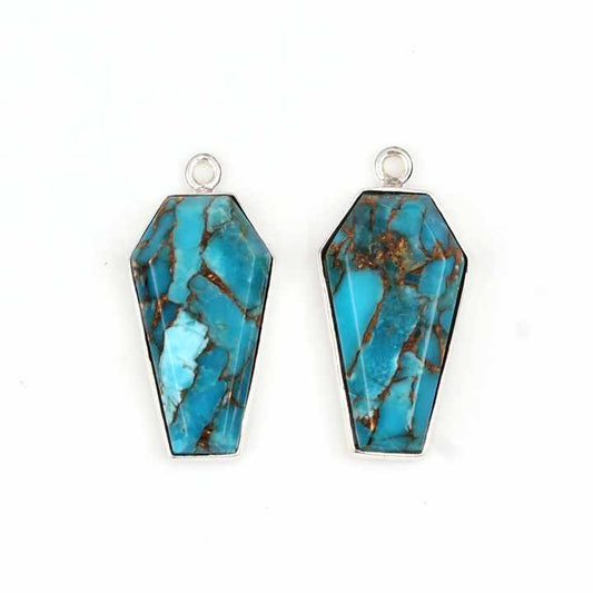 Top Selling 10x17mm Mohave Blue Copper Turquoise Gemstone Bezel Set 925 Sterling Silver Coffin Charm for Pendant and Necklace