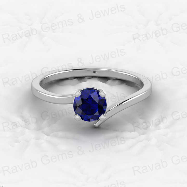 Top Quality 925 Sterling Silver 5mm Round Cut Blue Sapphire Hydro Vermeil Eternity Prong Setting Solitaire Bypass Ring for Women
