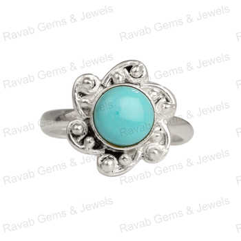 Handmade 10mm Solid 925 Sterling Silver Fine Turquoise Flower Ring Trendy Natural Blue Sleeping Design Unisex High Rhodium