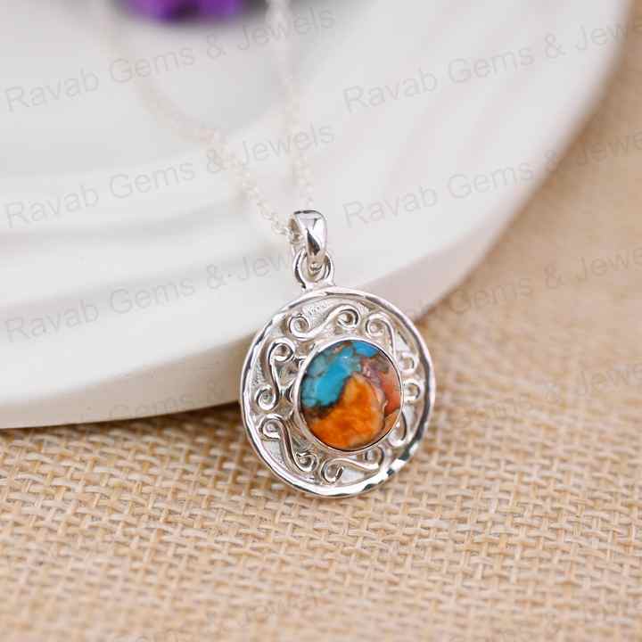 Handmade 10mm Spiny Oyster Copper Turquoise Gemstone Rhodium 925 Silver Designer Boho Women Pendant Necklace Fine Navajo Jewelry