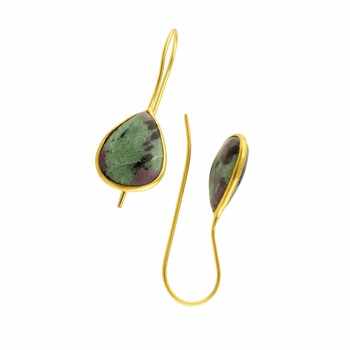 Top Quality Handmade 925 Sterling Silver Dangle Earrings 18K Gold Plated Lovely Ruby Zoisite Natural Gemstone Teardrop Design"