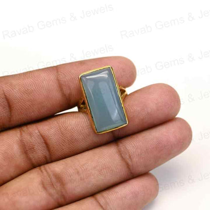 Best Selling 10x20mm Blue Chalcedony Stone 925 Silver Gold Vermeil Eternity Handmade Rectangle Bezel Women's Ring Fine Jewelry
