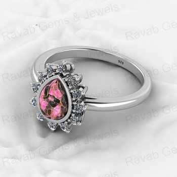 Top Selling 925 Genuine Silver Women's Engagement Ring 6X8mm Pear Pink Black Copper Turquoise Gemstone CZ Wedding Jewelry
