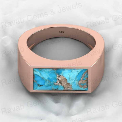 Top Selling Genuine 925 Silver 7x14mm Rectangle Pyrite & Turquoise Gemstone Bezel Sating Signet Ring for Men Wedding Jewelry