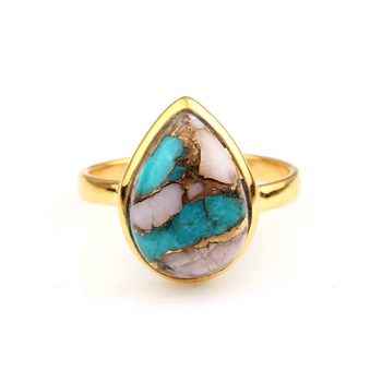 10x14mm Pink Opal Copper Turquoise Bezel 18k Gold Plated Dainty Sterling Silver Ring Vintage Style Unisex for Him Her Weddings