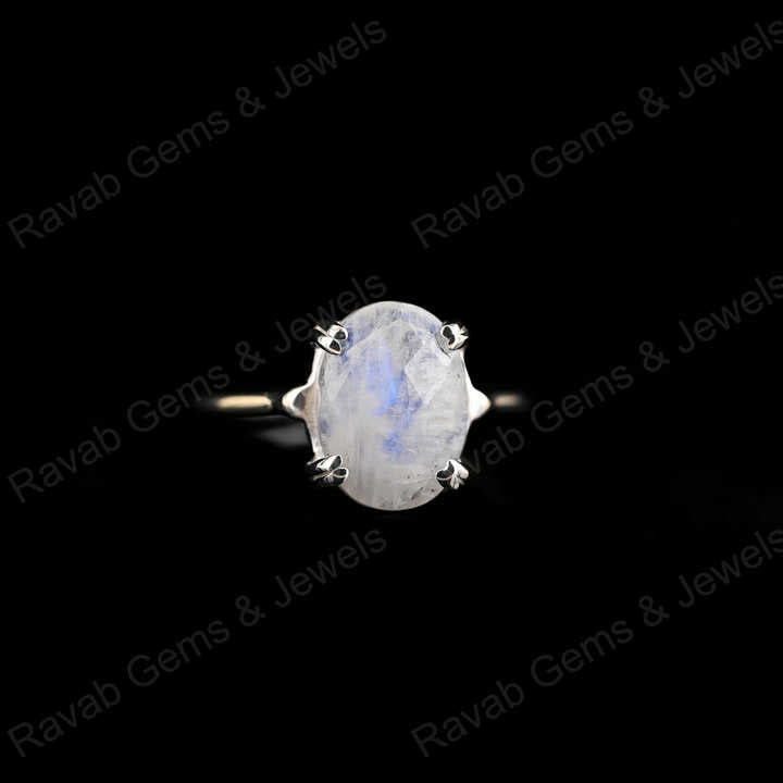 Superb Solid 925 Sterling Silver Natural Rainbow Moonstone Oval Checker Cut Prong Setting Ring for Women Fine Handmade Jewelry