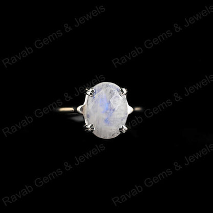 Superb Solid 925 Sterling Silver Natural Rainbow Moonstone Oval Checker Cut Prong Setting Ring for Women Fine Handmade Jewelry