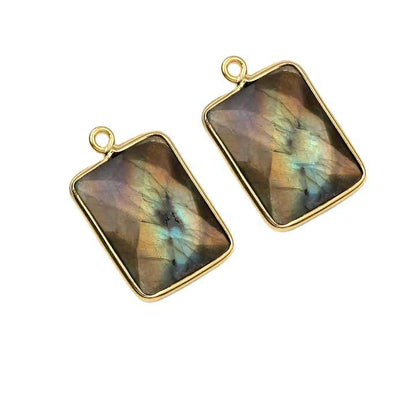 14x18mm Rectangle Shape Natural Labradorite Faceted Gemstone Bezel Setting Sterling Silver Charms Pendant for Necklace Bracelet