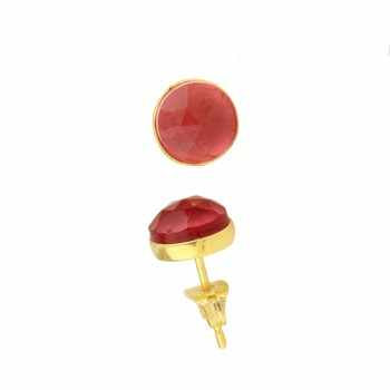 Best Selling Solid 925 Sterling Silver Natural Carnelian Checker Cut Round Gemstone Bezel Setting Stud Earring Fine Jewelry