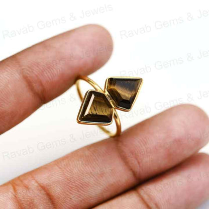 Top Quality Solid 925 Sterling Silver Natural Tiger's Eye Fancy Cut 10x14mm Bezel Setting 18k Gold Filled Fine Ring for Women
