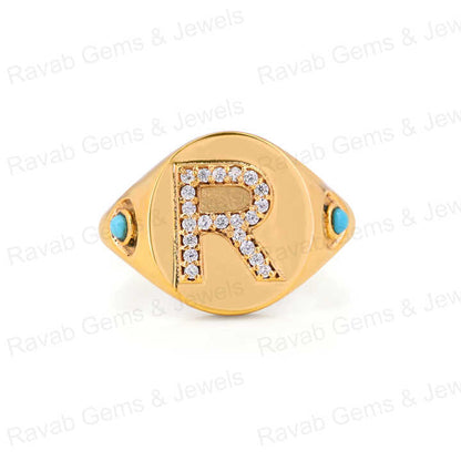Best Selling 925 Silver CZ Diamond With Turquoise Initial Letter Personalized Solomon Signet Oval Men's Pinky Ring Fine Jewelry