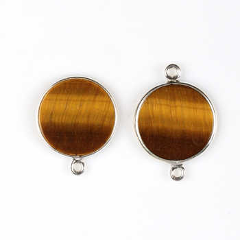 12mm Round Coin Natural Brown Yellow Tiger Eye Gemstone Bezel Sterling Silver Charms Connector Pendant for Necklace & Bracelet