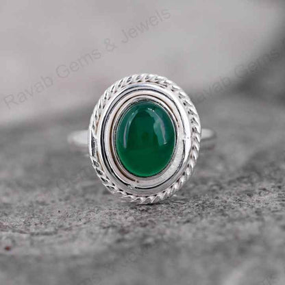 Natural Green Onyx Gemstone 8x10mm Solid 925 Sterling Silver Two Tone Bezel Setting Ring For Women Fine Handmade Jewelry