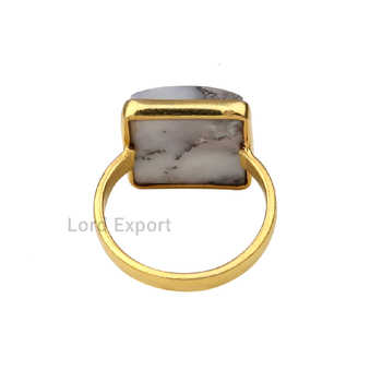 Handmade 12mm Square Bezel Setting Solid 925 Sterling Silver 18K Gold Plated Natural Dendrite Opal Fine Ring for Women