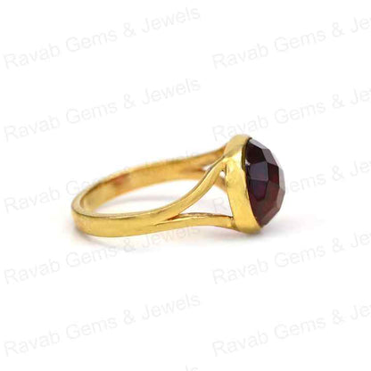 Top Quality Solid 925 Sterling Silver Red Garnet Hydro 12mm Round Checker Cut Bezel Setting 18k Gold Plated Ring for Women's