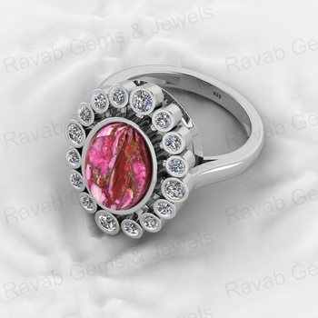 Top Selling 925 Silver 9x12mm Pink Kingman Dahlia Spiny Oyster Oval Shape Gemstone CZ Solitaire Cocktail Ring Unisex