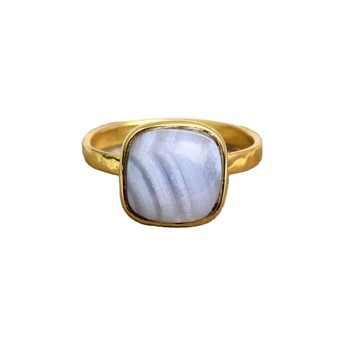 10mm Natural Blue Lace Agate Gemstone Cushion Ring High Quality 18K Gold Plated Bezel Setting Fine Genuine Silver Her Ring