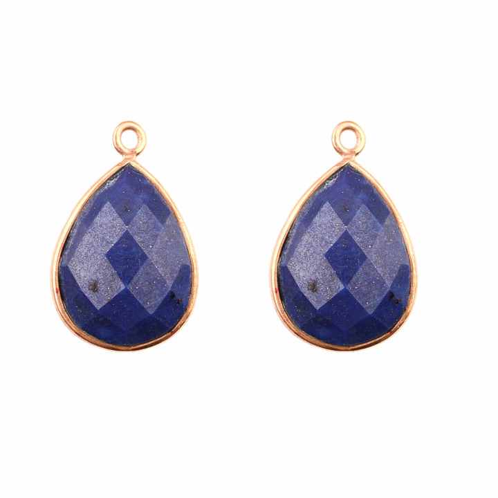 Genuine Solid 925 Sterling Silver 18k Gold Plated Natural Lapis Lazuli 12x16mm Pear Drop Checker Cut Bezel Setting Connectors