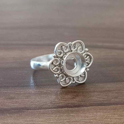 Genuine Solid 925 Sterling Silver Flower Design 7MM Round Bezel Setting Semi-Mount Blank Setting Simple Band Fine Ring For Women