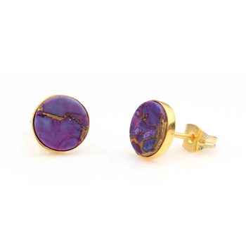 Best Selling 10mm Mohave Purple Copper Turquoise Gemstone Bezel 18K Gold Plated Dainty Sterling Silver Fine Stud Earrings Women