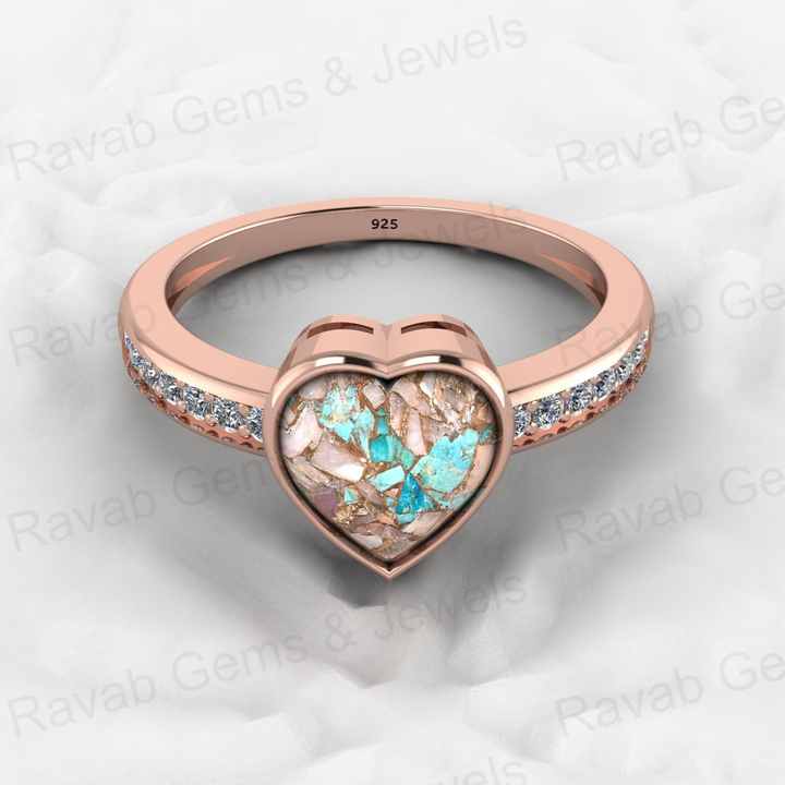 Top Selling Genuine 925 Silver 8x8mm Heart Pink & Blue Copper Turquoise Gemstone Ring for Women Valentine Gift Idea Jewelry