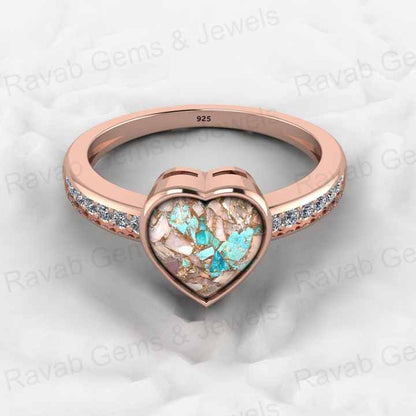 Top Selling Genuine 925 Silver 8x8mm Heart Pink & Blue Copper Turquoise Gemstone Ring for Women Valentine Gift Idea Jewelry