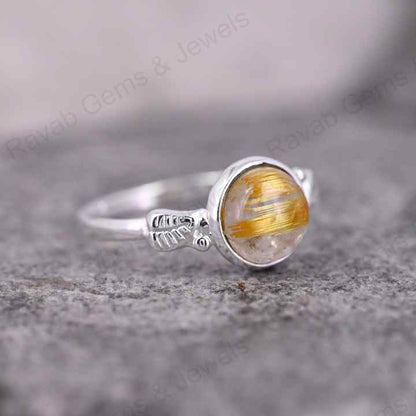 Top Quality Solid 925 Sterling Silver Golden Rutile 10MM Round Cab Gemstone Handmade Ring Fine Wholesale Jewelry Manufactures