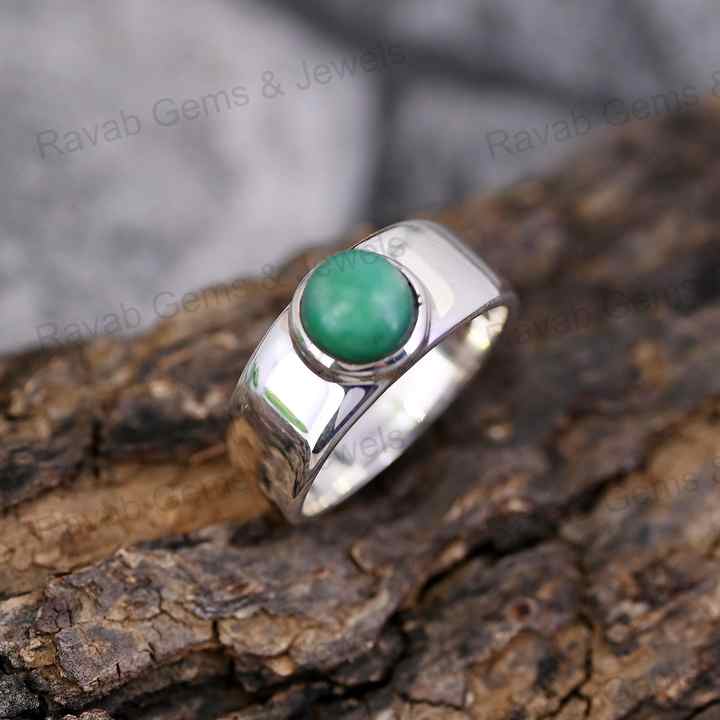 Handmade 7mm Natural Australian Chrysoprase Crystal Round Cut Cabochon 925 Silver Bezel Chunky Band Ring Fine Jewelry For Women