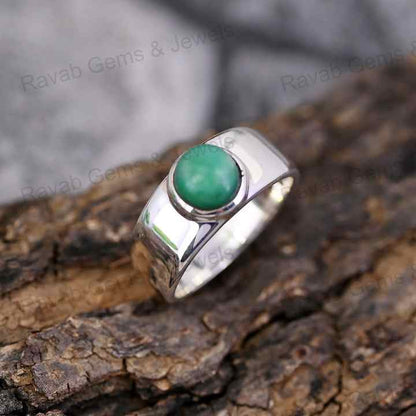 Handmade 7mm Natural Australian Chrysoprase Crystal Round Cut Cabochon 925 Silver Bezel Chunky Band Ring Fine Jewelry For Women