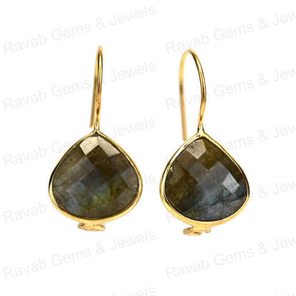 New Arrival Solid 925 Sterling Silver Natural Labradorite 12mm Checker Cut 18k Gold Plated Dangle Drop Fine Earring for Women