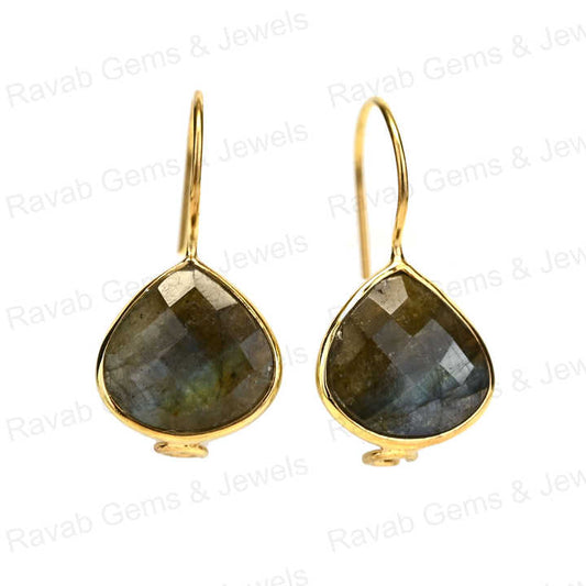 New Arrival Solid 925 Sterling Silver Natural Labradorite 12mm Checker Cut 18k Gold Plated Dangle Drop Fine Earring for Women