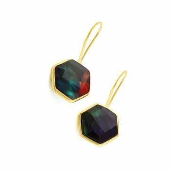 Hot Selling 18K Gold Plated 925 Silver Hexagon Teardrop Earrings New Design 12mm Ammolite Hydro Quartz Gemstone Bezel Jewelry