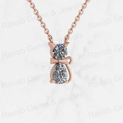 Top Quality Genuine Solid 925 Sterling Silver Cat Lover Pendant Necklace Round 5mm Pear 7x5mm Cubic Zirconia Keepsake Necklace