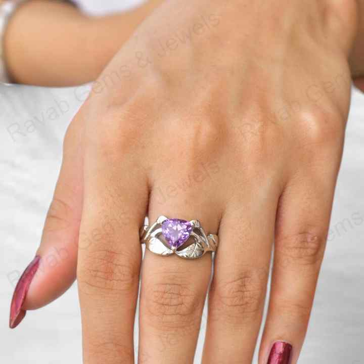 Best Quality Solid 925 Sterling Silver Natural Purple Amethyst 10mm Trillion Cut Leaf Design Ring for Women Handmade Jewelry
