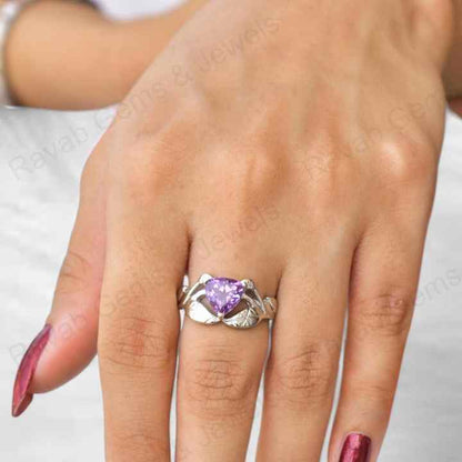 Best Quality Solid 925 Sterling Silver Natural Purple Amethyst 10mm Trillion Cut Leaf Design Ring for Women Handmade Jewelry
