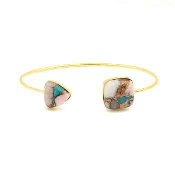 Top Selling 925 Silver Gypsy Cuff Natural Pink Opal Copper Turquoise Gold Plated Triangle Cushion Bangle Fine Bracelets Bangles