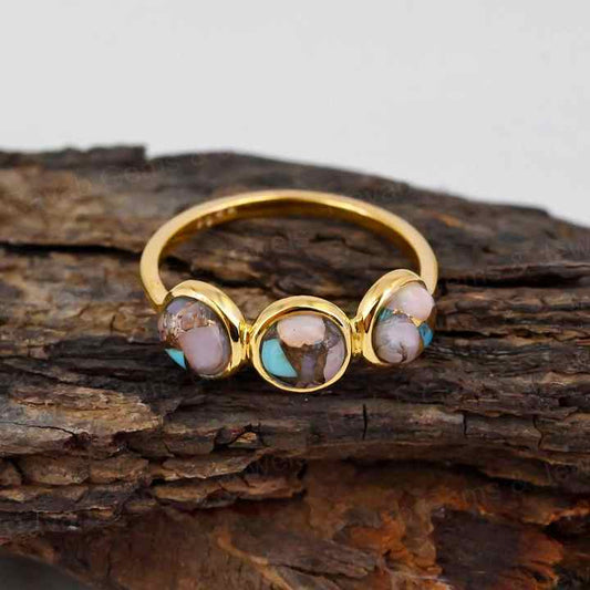 Hot Selling 5mm Mohave Pink Opal Copper Turquoise Handmade 925 Silver Gold Vermeil Half Eternity Women Ring Navajo Fine Jewelry
