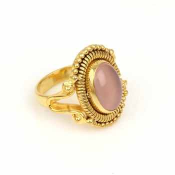 Best Selling 10x14mm Natural Pink Rose Quartz Women's Fine Boho 18K Gold Plated Sterling Silver Cushion Designer Ring Her