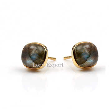 Best Selling 9mm Natural Blue Fire Labradorite Gemstone Handmade 18K Gold Plated 925 Silver Fine Stud Earrings for Her