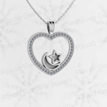 Solid Real 925 Silver 30mm Islamic Moon Star in Heart Semi Mounting Charm Pendant Blank Setting for Resin & Ashes Work Jewelry