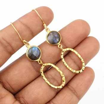 Best Quality Solid 925 Sterling Silver Genuine Labradorite 8mm Round Rose Cut 18k Gold Plated Drop Dangle Earring for Women
