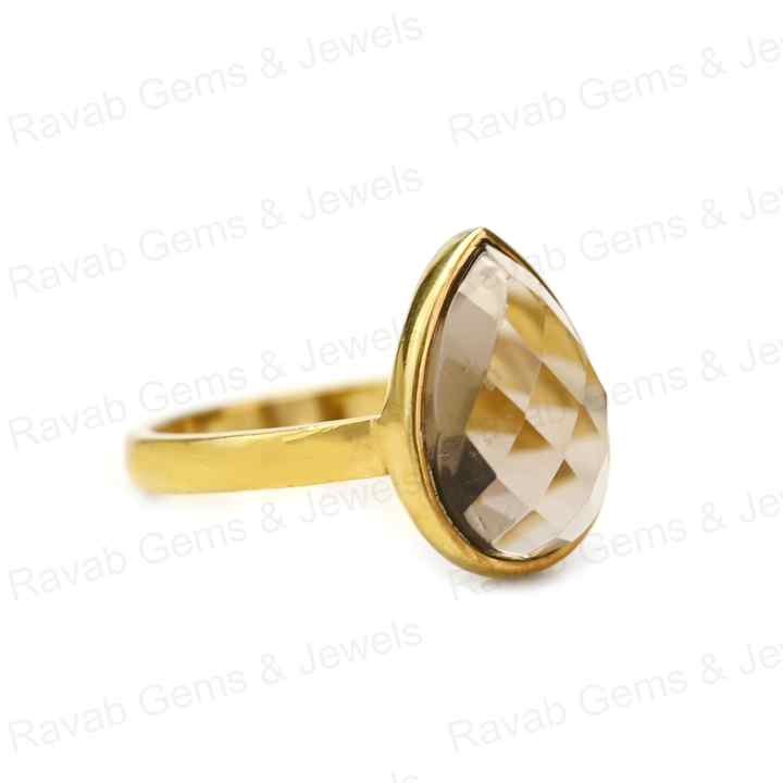 Top Quality Solid 925 Sterling Silver Natural Smoky Quartz Pear Checker Cut 10x14mm Bezel Setting 18k Gold Filled Ring for Women