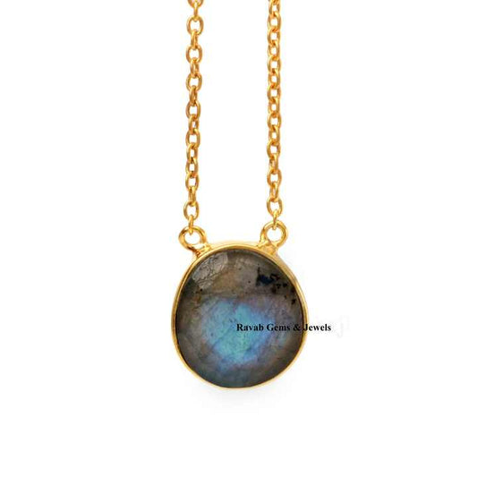 Top Selling Genuine 14x15mm Labradorite Gemstone 18k Gold Plated Sterling Silver Dainty Chain Organic Shape Necklace for Women