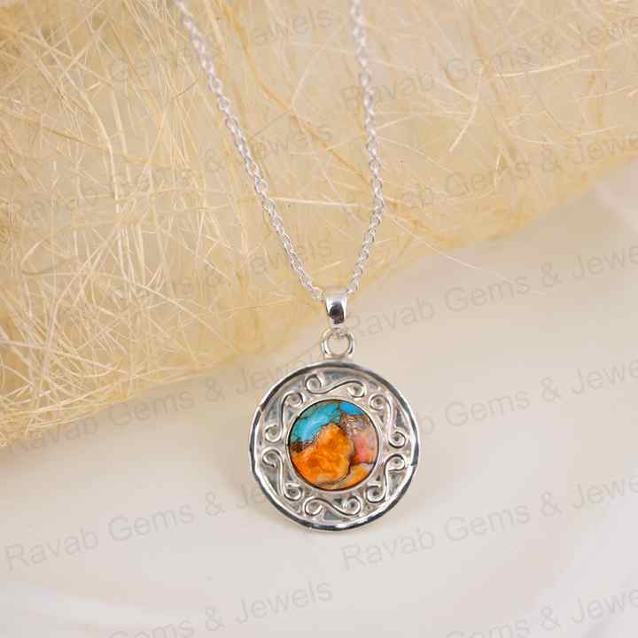 Handmade 10mm Spiny Oyster Copper Turquoise Gemstone Rhodium 925 Silver Designer Boho Women Pendant Necklace Fine Navajo Jewelry