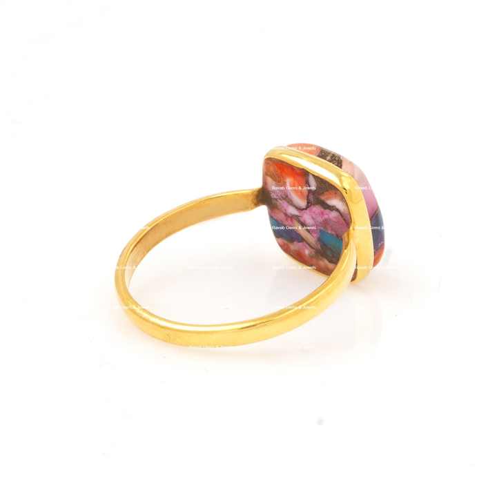 Best Selling Genuine Pink Dahlia Spiny Oyster Copper Turquoise Gemstone 18k Gold Filled Sterling Silver Cushion Ring for Women