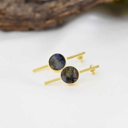 Genuine Solid 925 Sterling Silver Natural Madagascar Labradorite Round Flat 10mm Bezel Setting Fine Stud Earring For Women's